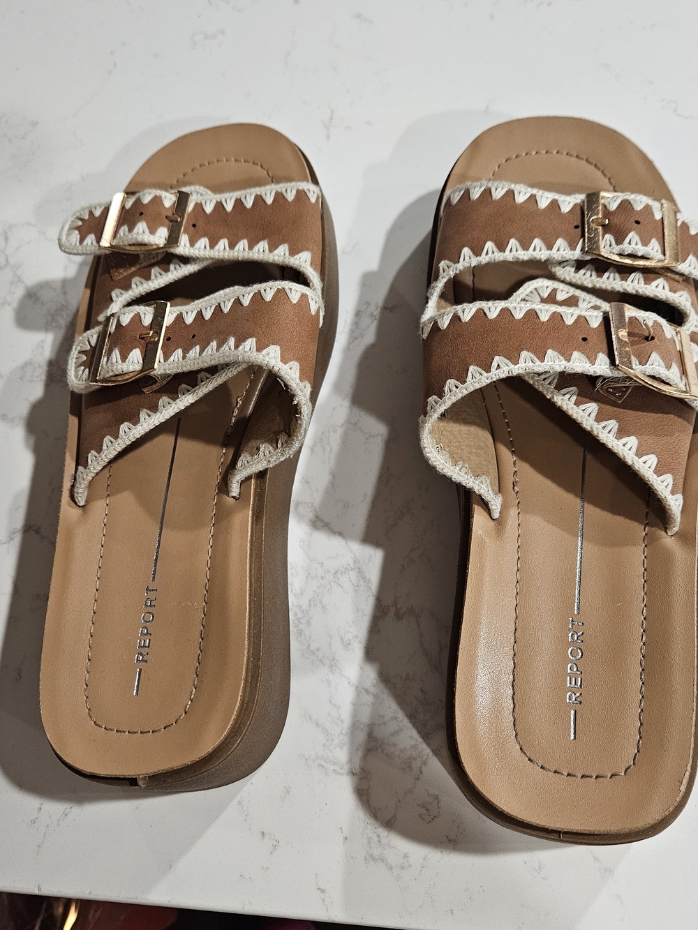 Report Tan Brown Leather Double-Buckle Slide Sandals with Cream Trim Size 8